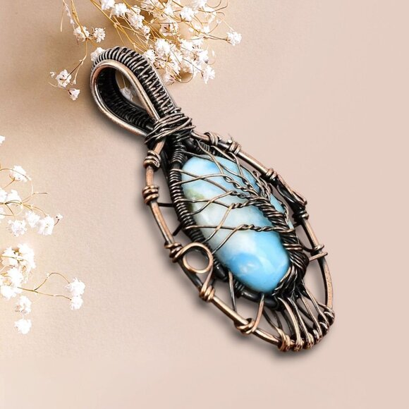 Handmade ✦ Copper Wire Wrap Tree of Life Pendant ✦ Oval Larimar Stone Necklace - Picture 5 of 9